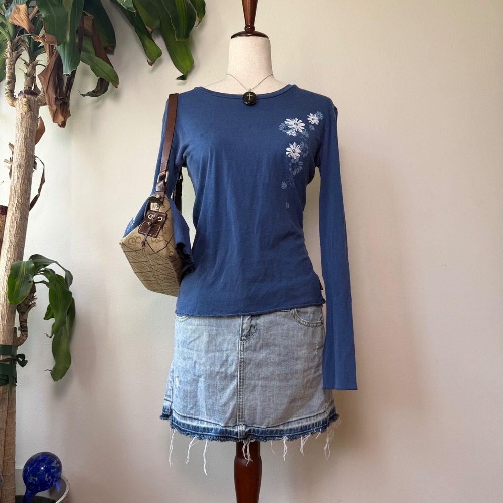 Ojai y2k beaded Blue Floral Long Sleeve Top Twee Yoga MomCore rhinestone mcbling